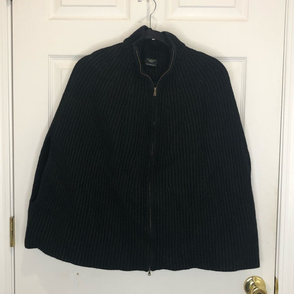 Talbots merino wool black mock turtleneck zip front cape poncho